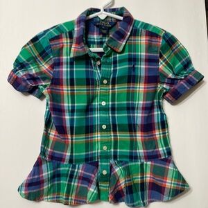 Polo Ralph Lauren Girls Plaid Peplum Top Shirt Green Multi Sz 6X